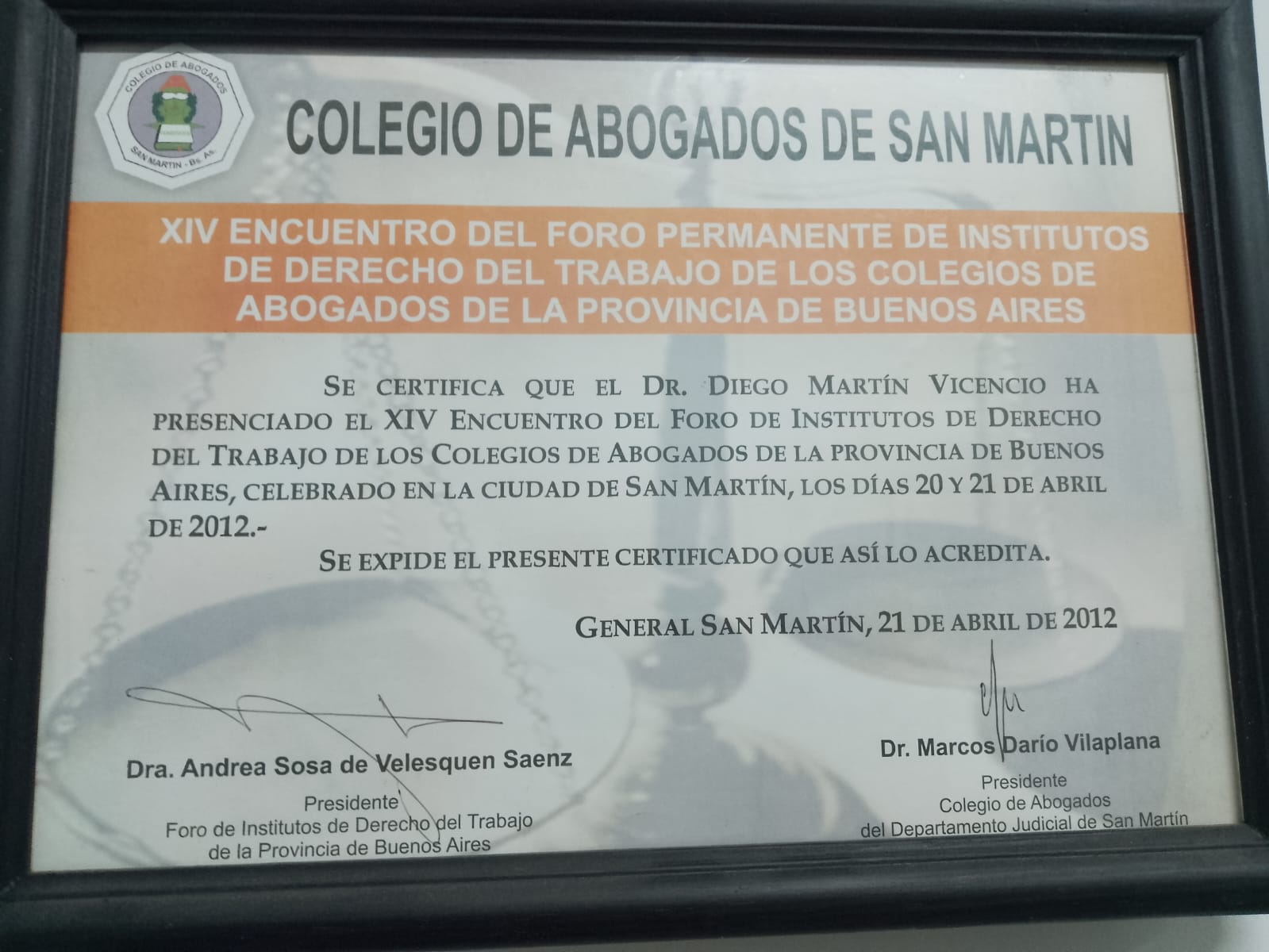 Certificado XIV Encuentro Foro de Derecho del Trabajo, 2012